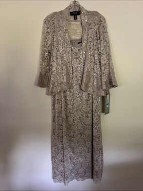 R & M Collection Champagne Lace Long Sleeve Evening Dress with Jacket